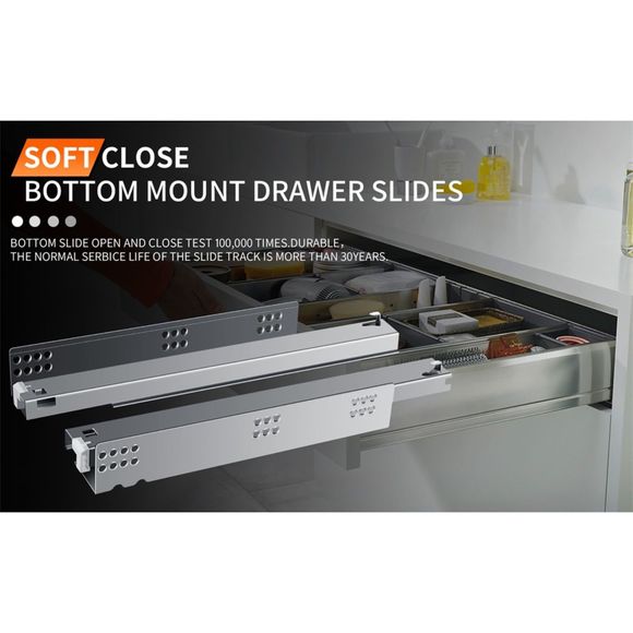 22" Bottom Mount Soft Close Drawer Slides Full Extension 80lb Load 22 inch - Picture 8 of 11
